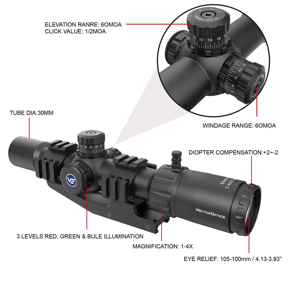 Vector Optic Riflescope True One Power Scope Sight With Turret Lock Illumination - Image 4 of 4