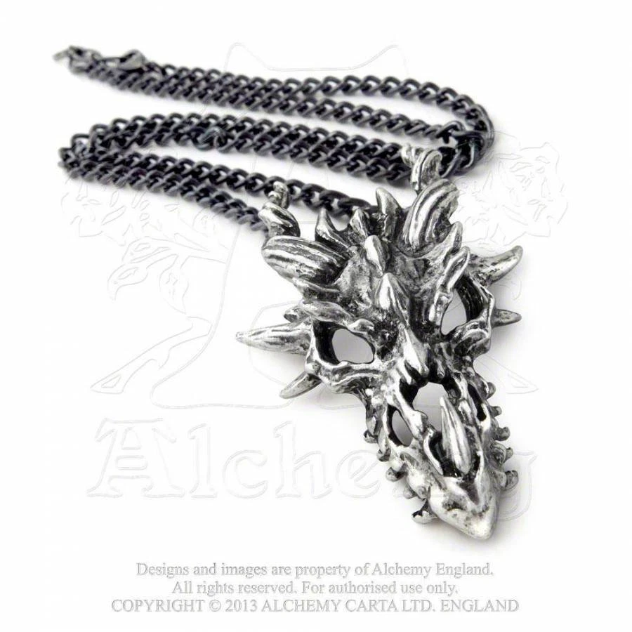 Collar de peltre fino colgante calavera dragón feroz grande gótico alquimia para hombre P625 Foto 2 de 3