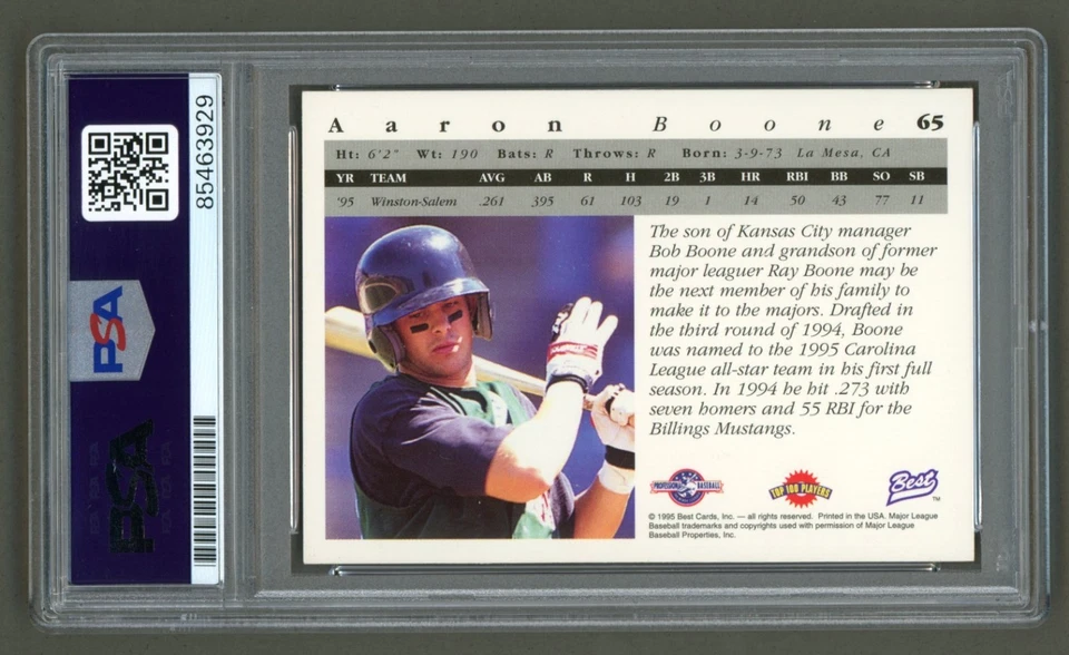 Aaron Boone Signed 1995 Best Card #65 (PSA) Winston-Salem Warthogs Auto Yankees - Image 2 of 2