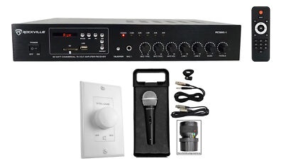 Rockville 60w 70v Commercial Amplifier w/Bluetooth+White Wall Volume Control+Mic