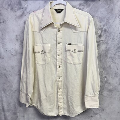 Vintage 70s Lee Long Sleeve Pearl Snap Shirt Mens Large White Made in USA