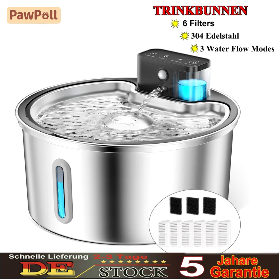 3.2L Edelstahl Katzenbrunnen mit 6 Filters Kabellos Trinkbrunnen für Katze 