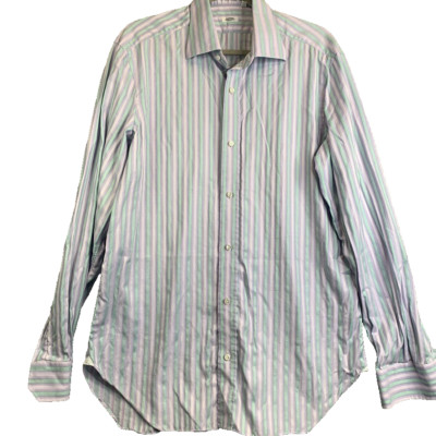 BARBA NAPOLI Mens Dress Shirt 43/17 Green/Purple Stripes Cucito a Mano Hand Sawn