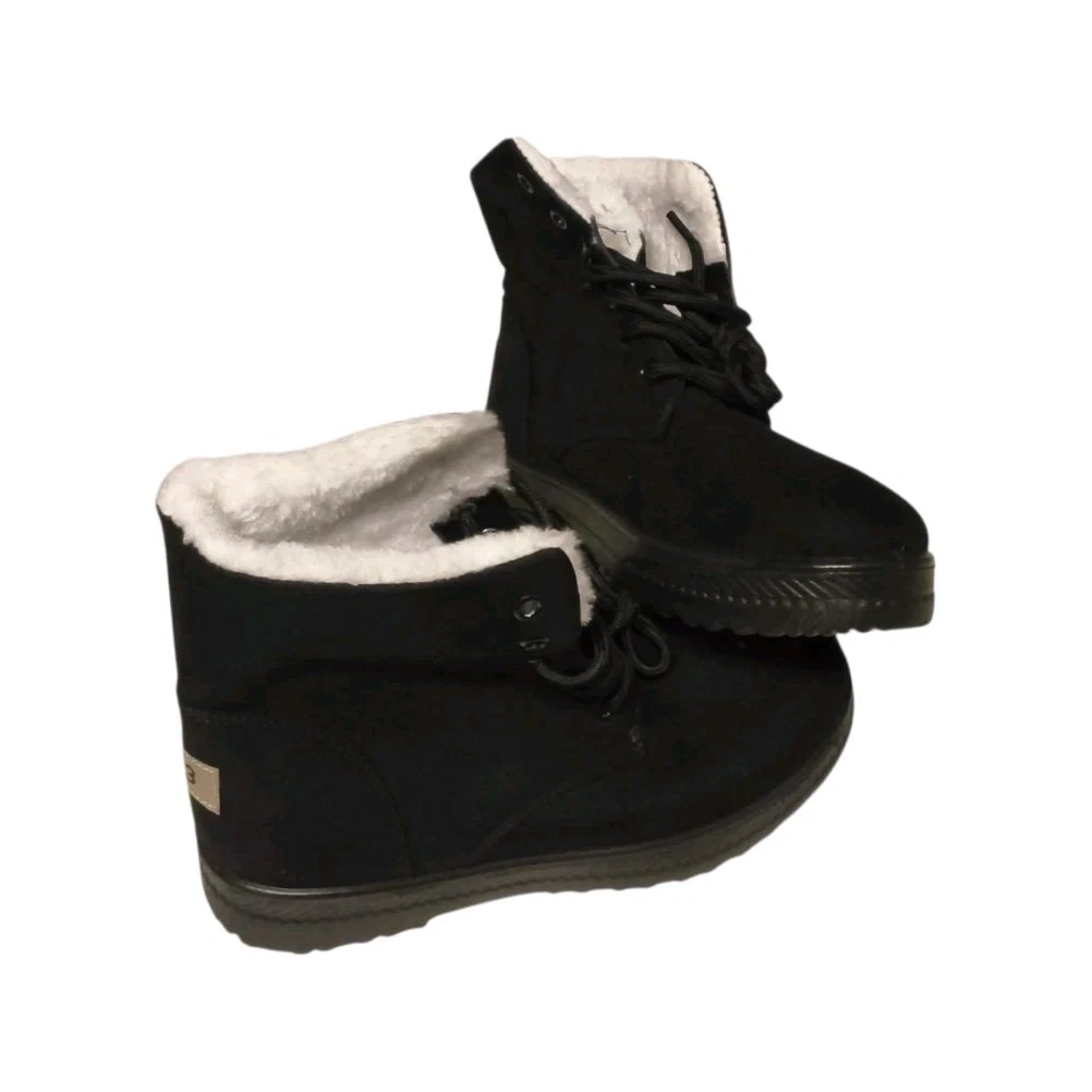 Black Ankle Faux Suede Snow Boot Lace Up Faux Fur Lined Round Toe Women's 10