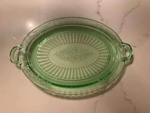 ANCHOR HOCKING DEPRESSION GLASS OPEN ROSE GREEN 14” BY 9”OVAL SERVING PLATTER!