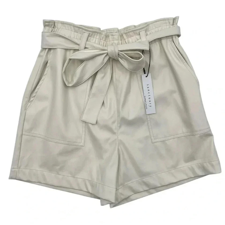 Sanctuary Leather Like HR Wide Leg Belted Cream Paperbag Shorts Size Large NWT - Image 3 of 4