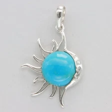 Blue Sun Star & Moon TURQUOISE Pendant 925 Sterling Silver Genuine Gemstone 1-Le