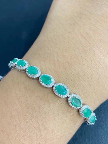 NATURAL EMERALD 6X4 WHITE CZ STERLING SILVER 925 BRACELET - 第 1/7 張圖片