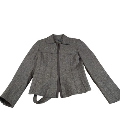 Albert Nipon Blazer Hook/Eye Clouser Women Size 4 Gray Tweed Wool Blend Belted