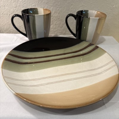 Home Trends  Jazz  Plate And 2 Mugs Set In A Multi Color Striped Design 10.5D