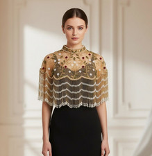 Gold Beaded Capelet, Floral Embroidered Fringe Cape, Pearl Beaded Wrap