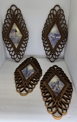 Vintage Burwood Diamond Wall Hanging Plaques Faux Wicker Country/Rustic 4 Pc Set