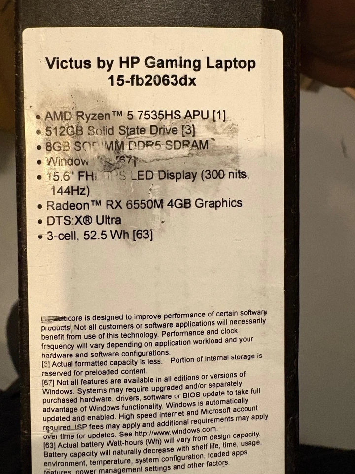 HP Victus 15.6" Gaming Laptop Ryzen 5 7535HS 8GB DDR5 512GB SSD RX 6550M 144Hz - Image 3 of 3