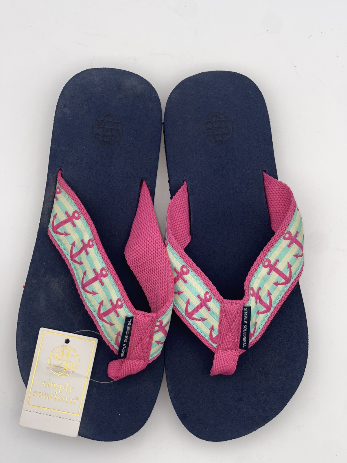 New Simply Southern Flip Flops Woman's US Size Small  5.5-6.5 Pink/Green Anchors