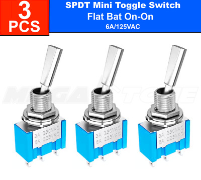 3PCS SPDT Mini Toggle Switch On/On Flat Bat Lever 6A/125VAC MTS-102 - USA SELLER