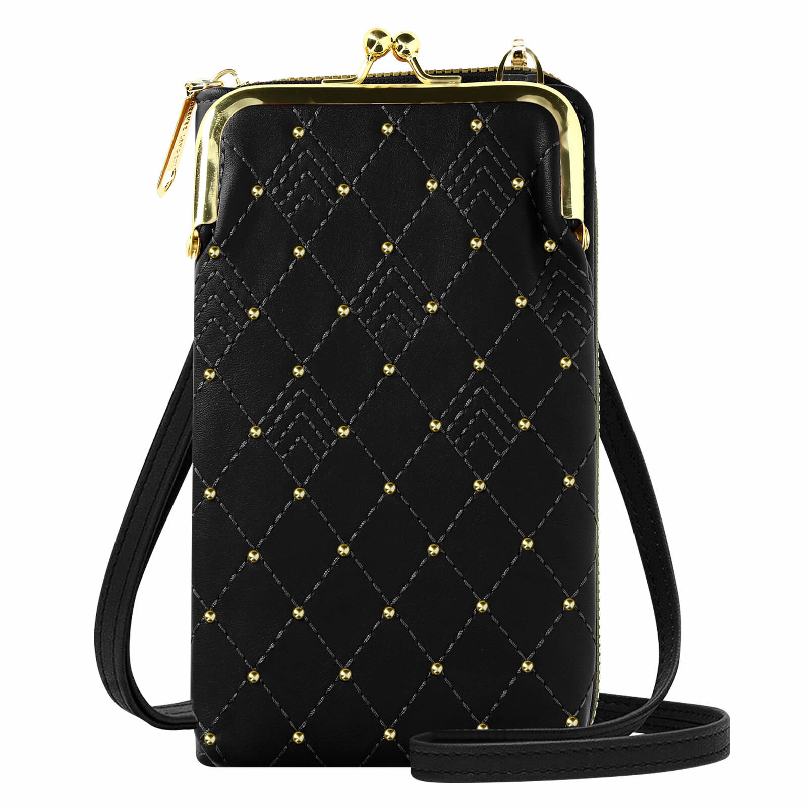 Cross-body Phone Bag Gold Studs and Stitching Diamond Design Black