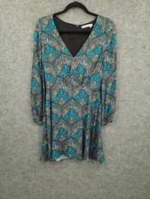Alice & Olivia Cary Blouson Dress Womens 6 Long Sleeve Lined Blue Batik Print