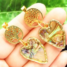 2Pcs Wrapped Natural Rainbow Abalone Shell Heart Tree Of Life Pendant Q14984