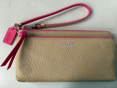 Coach Bleecker Edgepaint Double Zip Leather Wallet Wristlet Camel/pink Ruby NWT