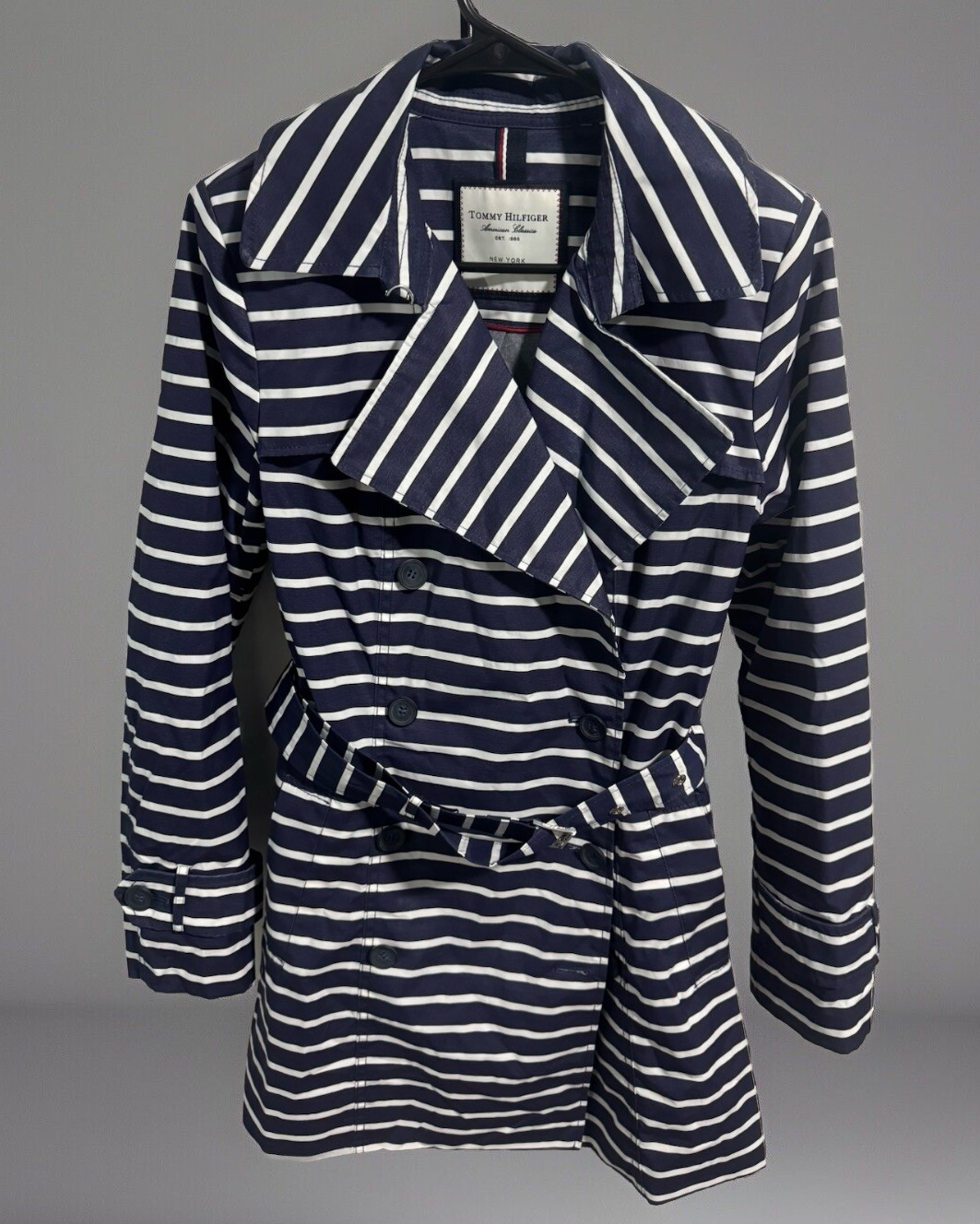 Tommy Hilfiger Blue & White Striped Belted Trench Coat for Women - Size Small