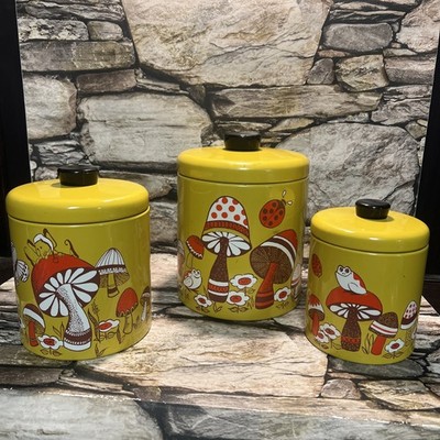 3 VINTAGE RANSBURG MUSHROOM YELLOW METAL/TIN CANISTER SET WITH