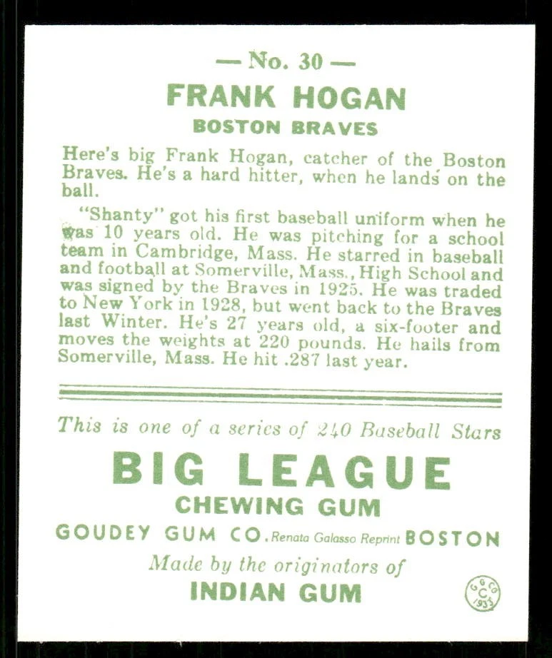 Frank Hogan 1983 Goudey Big League Gum REPRINT Baseball Card #30 (NM) - Image 2 of 2