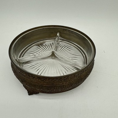 Vintage Early 20th Century PNCW Brass W/3 Section Glass Insert Dresser Trinket