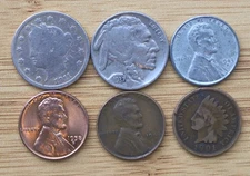 [6]Us Coins - Indian Head Penny, BU Red Wheat Penny, Liberty Nickel...