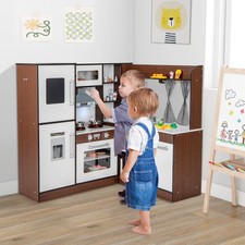 Corner Play Kitchen with Lights & Sounds & Water Circulation for Kids Brown
