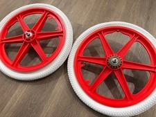 20 Bicycle Mag Wheels Set 6 Spoke Red Bmx Bike With 20x1.95 White Tires 20 Bicycle Mag Wheels Set 6 Spoke Red Bmx Bike With 20x1.95 White Tires