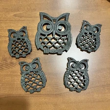 Vintage Cast Iron Owl Trivet Set of 5 w/ Original Box Taiwan Mid Century Style