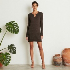 Minimalist Knee Length Jumper Dress Brown Fine Knit Long Sleeve Pockets S