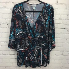 Catherines Top Womens 1X Blue Floral Short Sleeve Flared Peplum Blouse V-Neck