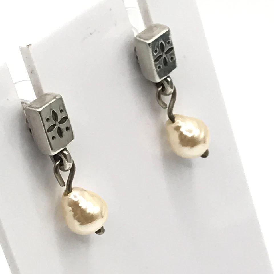 Brighton Earrings Freshwater Pearl Drop Pierced Stud Vintage Look Floral 3/4" - Image 2 of 4