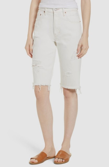 White Denim Distressed Bermuda Shorts 