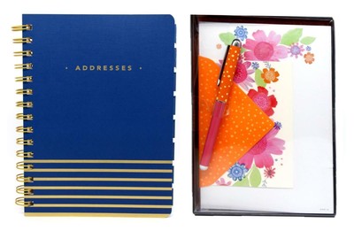 Hallmark Navy Blue/Gold Address Book & Floral Memo Sheets, Blank Cards & Pen Set