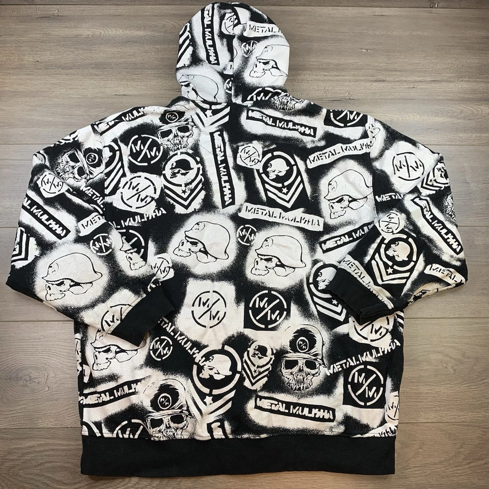 Moletom com capuz vintage Y2K metal mulisha estampa por toda parte zíper completo masculino XXL branco - Imagem 2 de 4