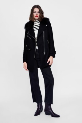 ZARA MANTECO ブラック ピーコート Zara Manteco Women Combined Biker Wool Coat Jacket 7825/744 Size S