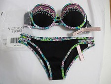 NWT Victoria's Secret Embroidery Black Strappy Bandeau Cheeky Bikini Set 32B/S