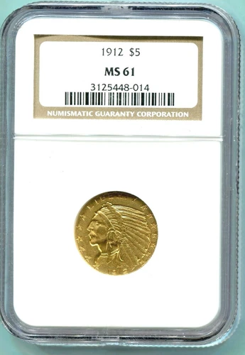 1912 $5 INDIAN HALF EAGLE NGC MS61 MS-61 NO spots ! Older Holder !