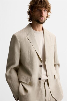 Zara Men Linen Blazer Sz US 40 Suit Jacket Beige Minimalist Formal