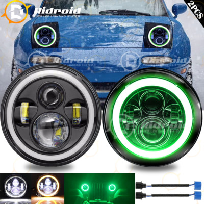 Pair 7'' LED Headlights Hi-Lo Beam Green DRL+Amber Turn For Mazda RX-7 1979-1985