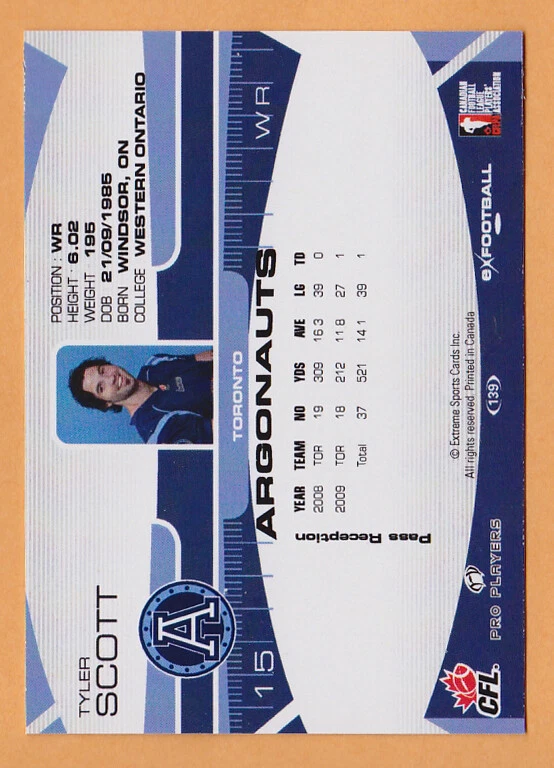 Tyler Scott 2009 Extreme CFL card #139 Toronto Argonauts  Western Mustangs - Image 2 of 2