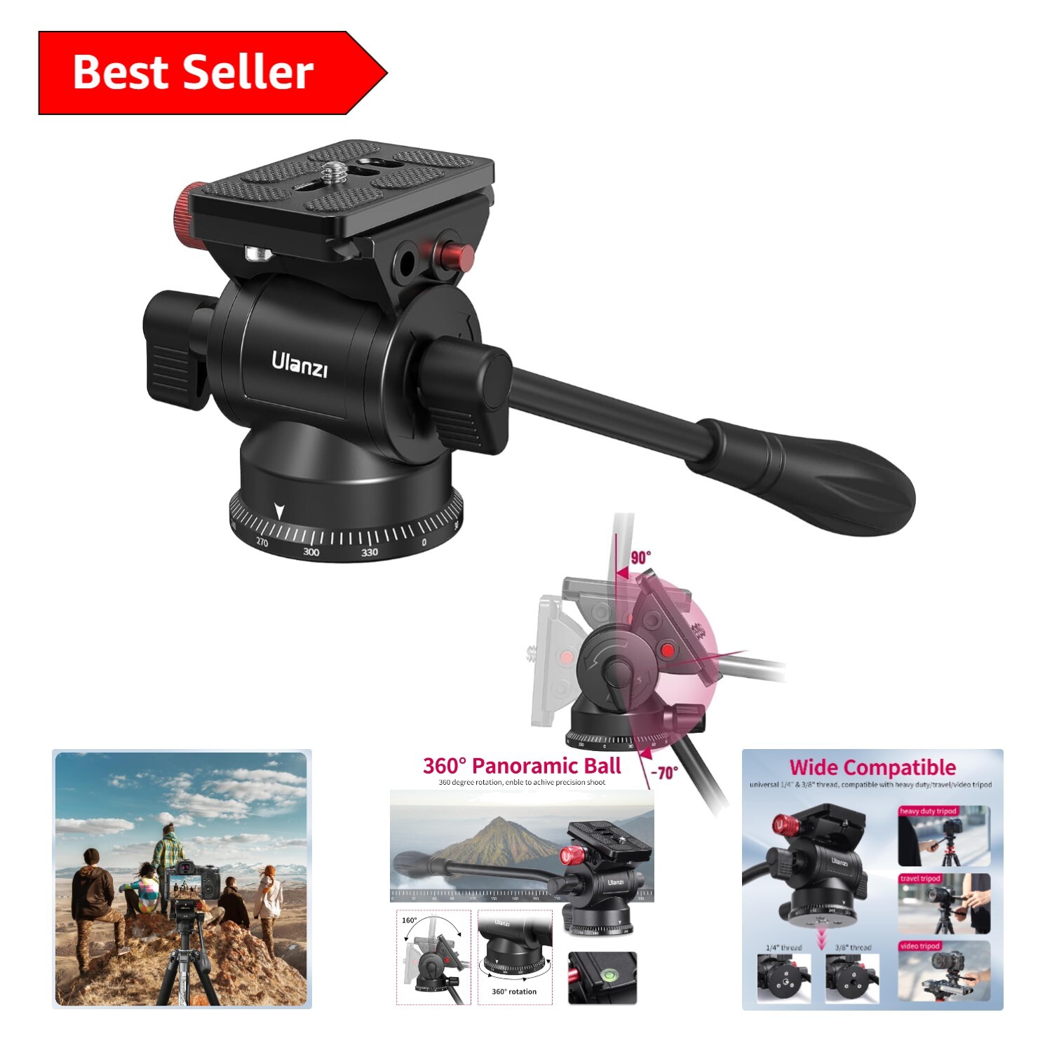 Lightweight U210 Mini Pan Tilt Fluid Head with Built-in 1/4'' & 3/8'' Adapters