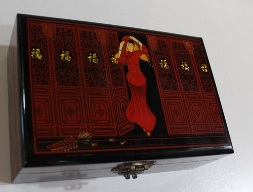 Elegant Asian Gloss Black & Red Lacquered Jewellery Ring Box Velvet Inner Shelf - Picture 3 of 17