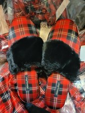 Victoria's Secret Signature Satin Slippers Red/Black Plaid Womens Siz Large 9-10