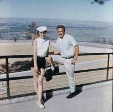 1959 Couple at Zoo Poses Giraffe in Background 35mm Kodachrome