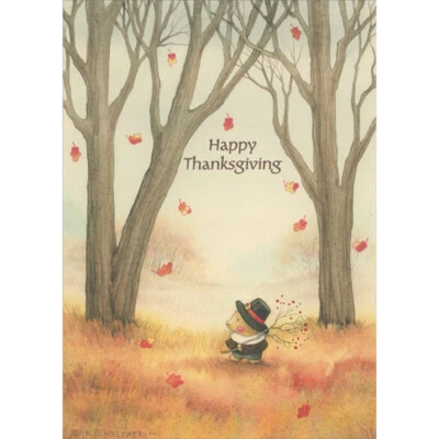 RSVP Pilgrim Bear Under Trees with Falling Leaves Mary Melcher Thanksgiving Card