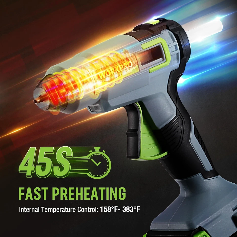 Pistola de pegamento caliente inalámbrica WORKPRO 20V con varilla de pegamento de 12 piezas pistola de pegamento de fusión recargable Foto 3 de 4