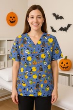 The Scrub Co V-Neck XL Halloween Scrub Top Owls Bats Pumpkins Witch Birds